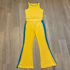 Yellow Two-Piece Crop Tank & Flare Pants with Teal Trim